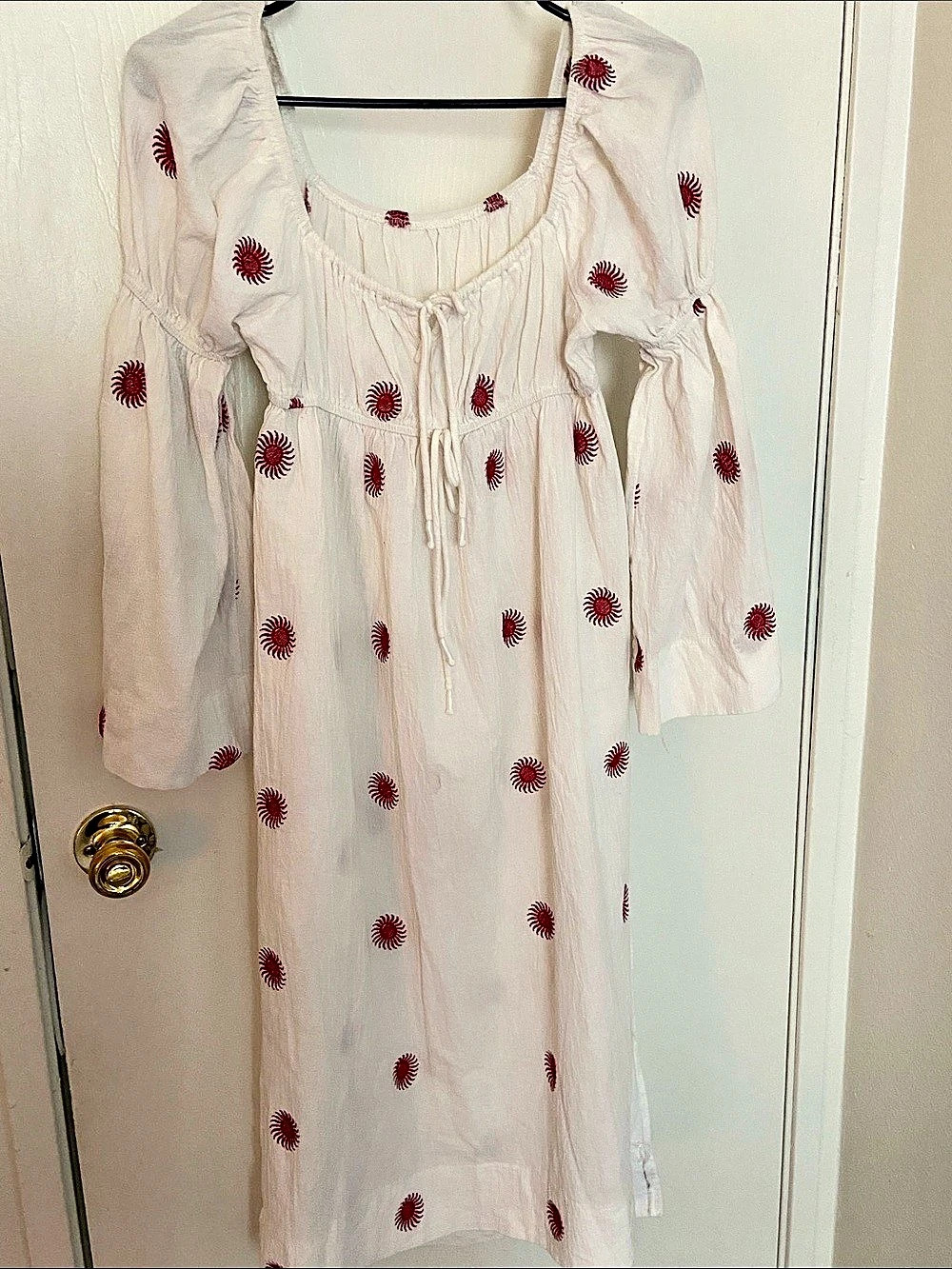 Embroidered Maxi Dress in White & Red Size Small